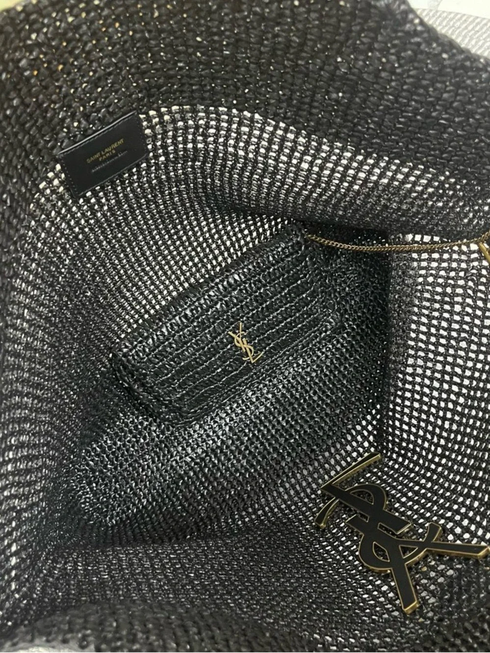 Saint Laurent Black Woven Tote with Gold YSL Accent and Matching Wallet